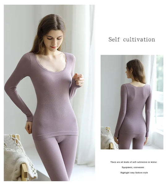 Thermal Underwear Set Lace Woman Winter Clothing Warm Suit Long Sleeve Top Warm Pants Leggings Thermo Underwear Undershirt Print