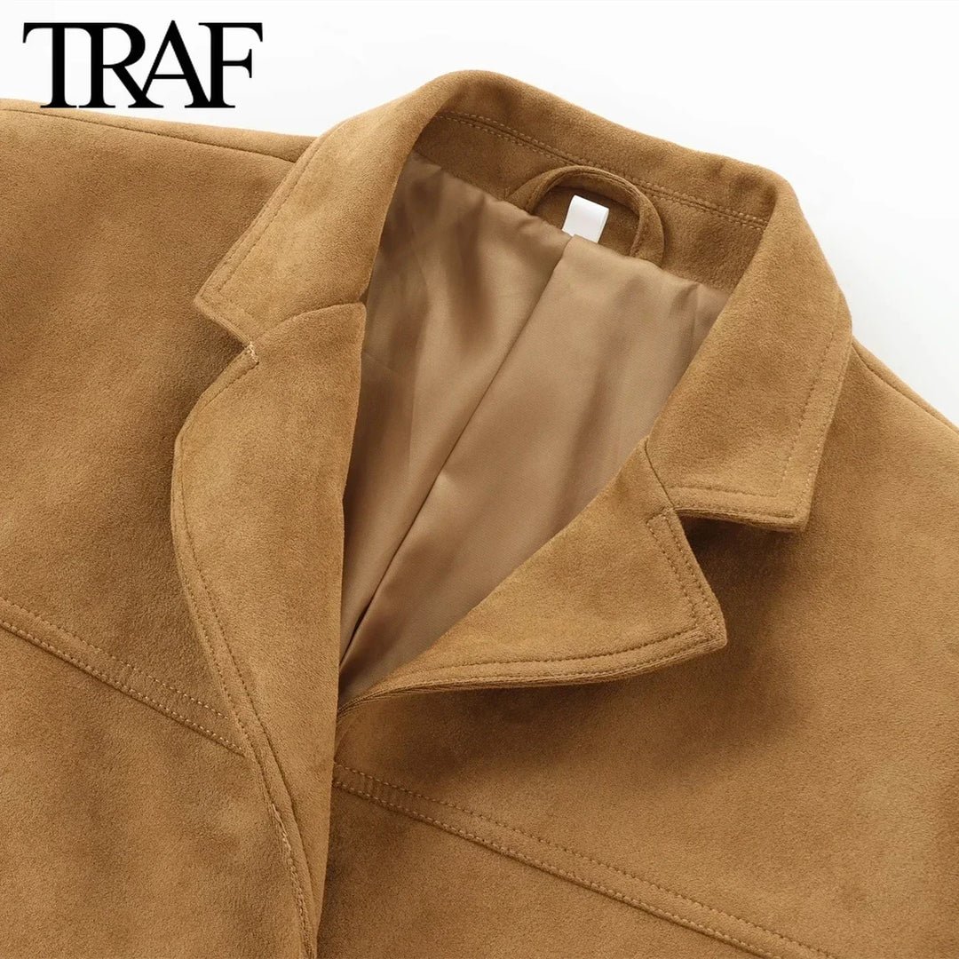 TRAF Women Fashion Autumn Winter New Suede Textured Suit Jacket Chic Female Long Sleeve Single Breasted Casual  Blazers Coat