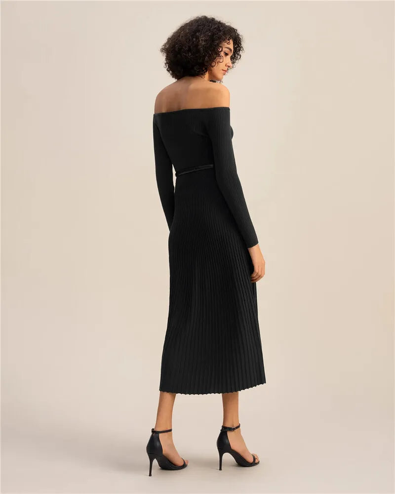 Mozision Off-shoulder Long Sleeve Knit Maxi Dress For Women Waistband  High Waist Strapless Backless Slim Fit Knitted Long Dress