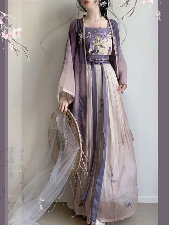 Chinese Hanfu Dress Women Party Outfit Chinese Song dynasty Ancient Printed Modern Reformed Hanfu Summer Chiffon 3pcs Sets