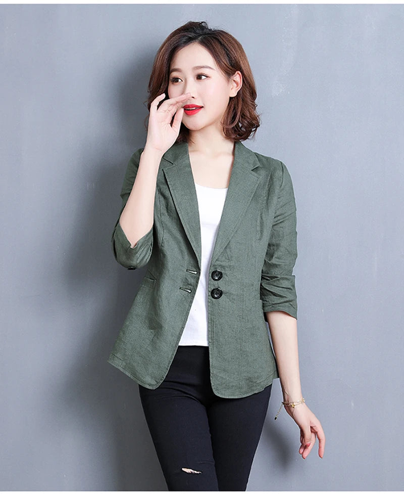 CJFHJE Notched Collar White Blazer Women Black Linen Suit Jacket Slim Thin Summer Pockets Two Buttons Green Office Lady Blazers