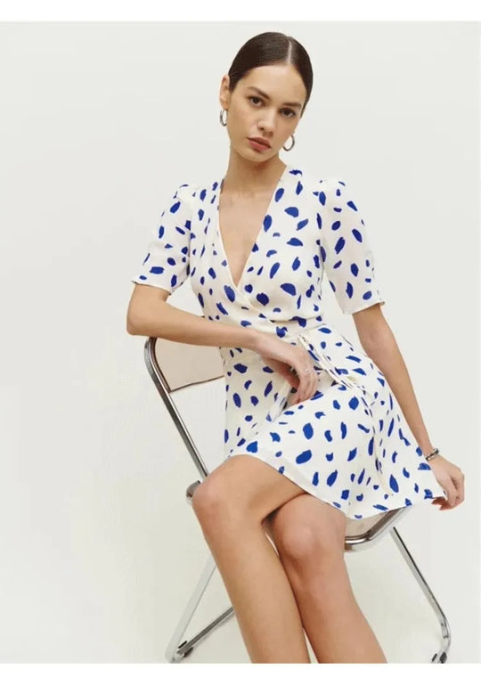 Reform@tion Women's Dresses French Style White Background Blue Spotted V-Neck Tie One Piece Wrap Women's Tea Break Dresses