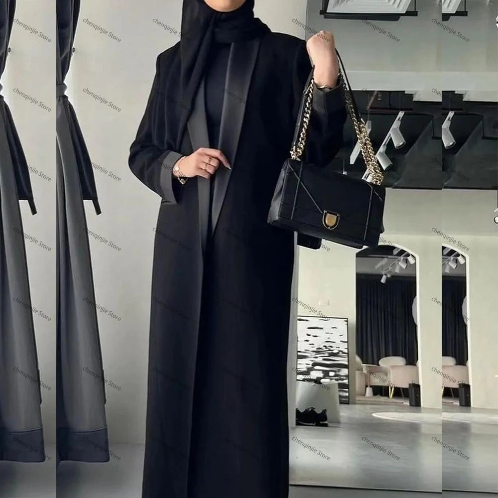 Black Women's Blazer 2024 Female Jacket 1 Piece Long Coat Single Breasted Shawl Lapel Luxury Muslim Abayas Office Lady Clothing