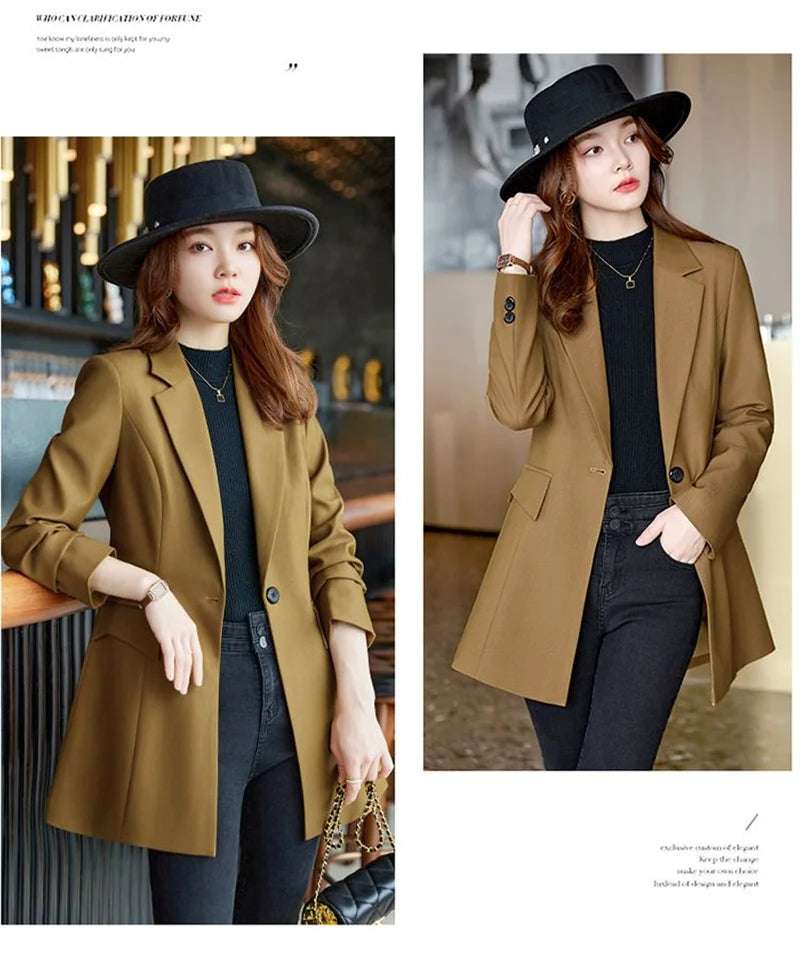 Autumn Winter Ladies Mid Long Blazer Women Single Button Black Purple Female Casual Jacket Coat Office Blazer Female Outerwear