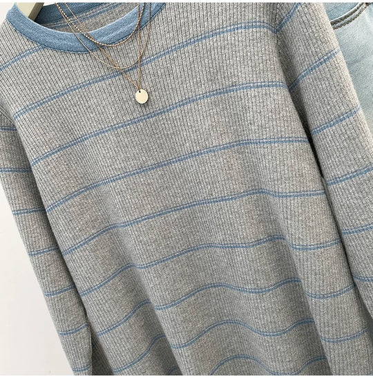 Plus Size Women 2024 Autumn Collection New Contrasting Striped Knit Sweater Fat Girl Fashion Design Sense Sweater Base Shirt Top