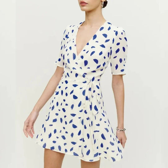 Reform@tion Women's Dresses French Style White Background Blue Spotted V-Neck Tie One Piece Wrap Women's Tea Break Dresses