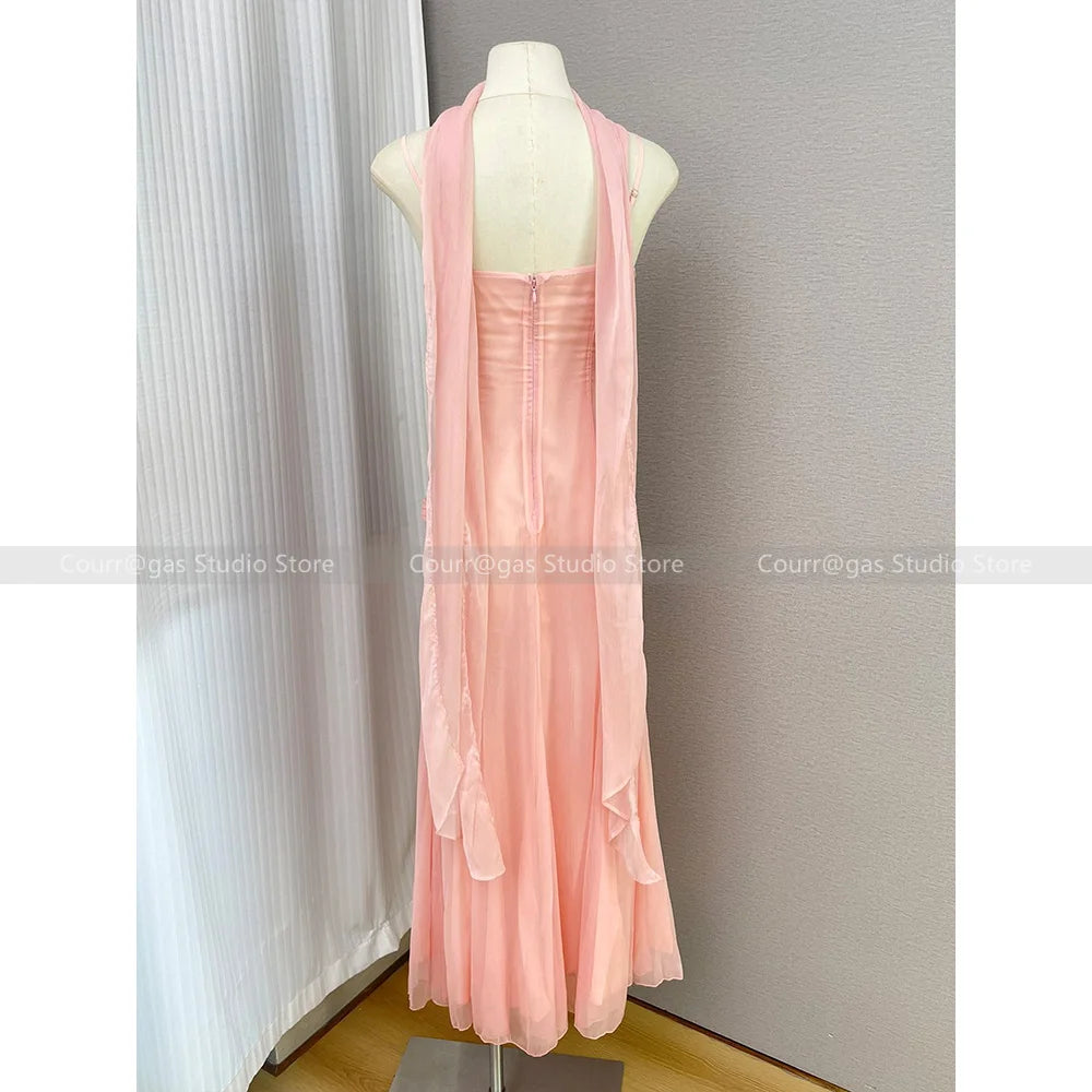 Pink Fairy Fluttering Fairy Dress Sexy Backless Neck Flutter Bandeau Dress Sexy Cross Twisted