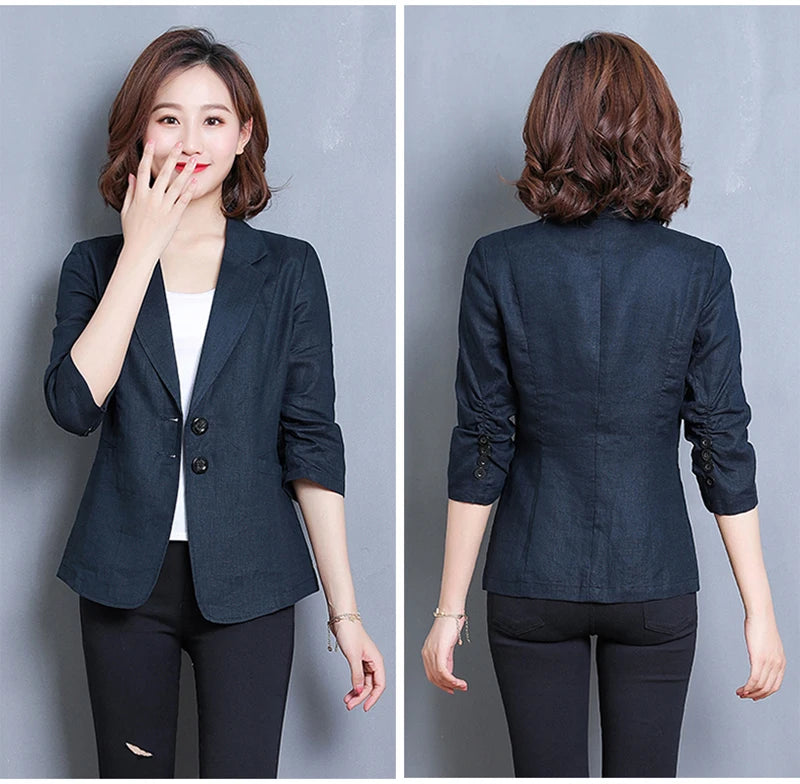 CJFHJE Notched Collar White Blazer Women Black Linen Suit Jacket Slim Thin Summer Pockets Two Buttons Green Office Lady Blazers