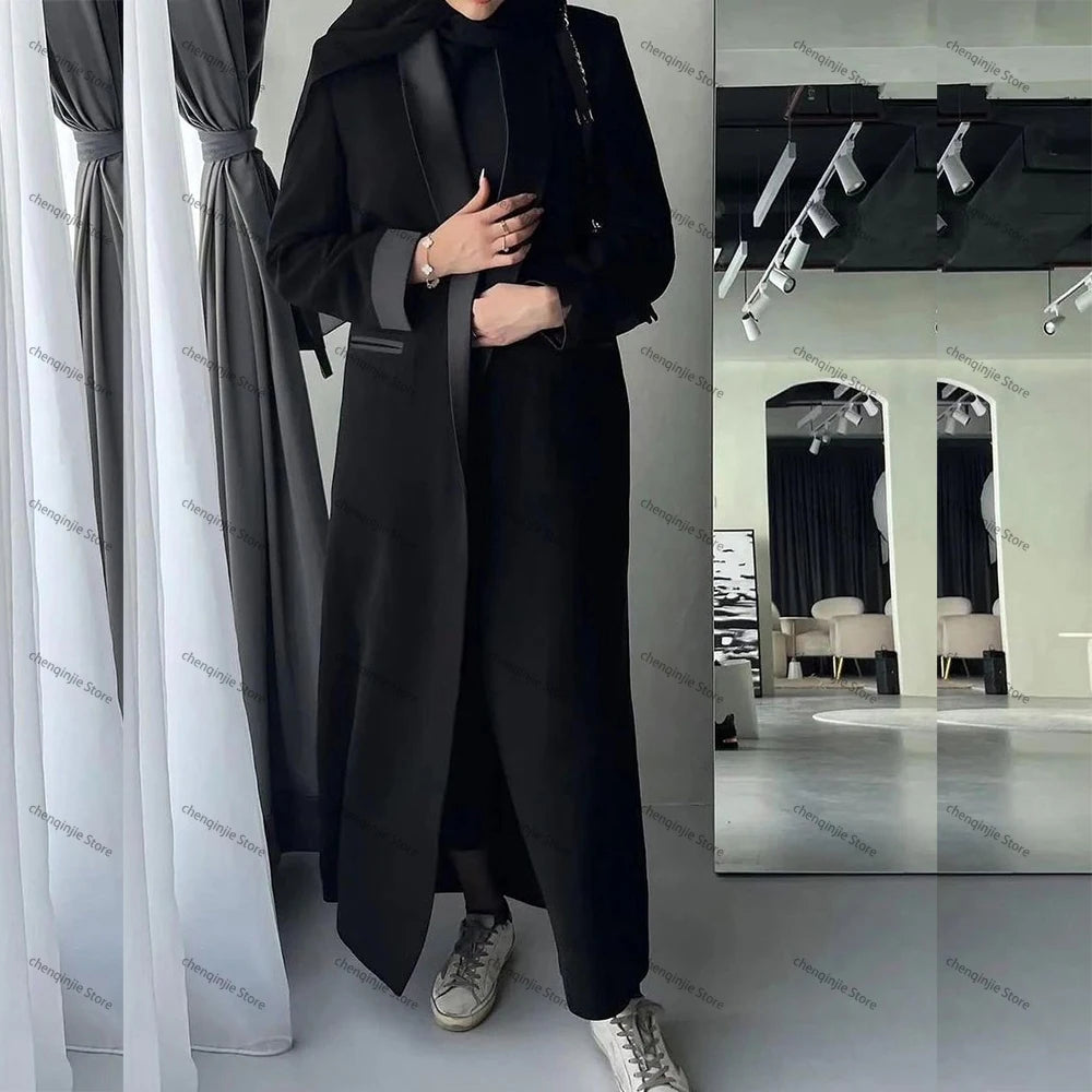 Black Women's Blazer 2024 Female Jacket 1 Piece Long Coat Single Breasted Shawl Lapel Luxury Muslim Abayas Office Lady Clothing