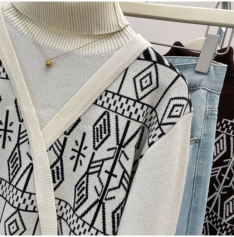 Plus Size Autumn Turtleneck Sweater Tops Women Geometric Print Fashion Irregular Patchwork Ladies Sweaters Loose Woman Sweater