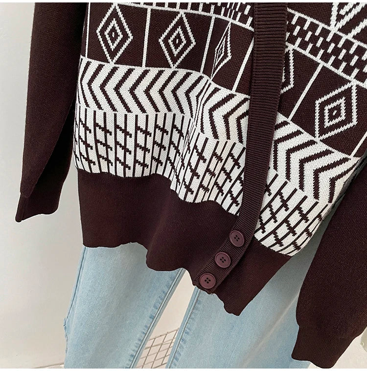 Plus Size Autumn Turtleneck Sweater Tops Women Geometric Print Fashion Irregular Patchwork Ladies Sweaters Loose Woman Sweater