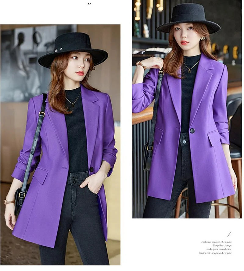 Autumn Winter Ladies Mid Long Blazer Women Single Button Black Purple Female Casual Jacket Coat Office Blazer Female Outerwear