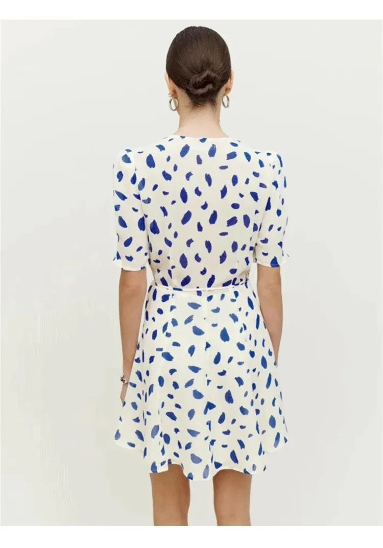 Reform@tion Women's Dresses French Style White Background Blue Spotted V-Neck Tie One Piece Wrap Women's Tea Break Dresses