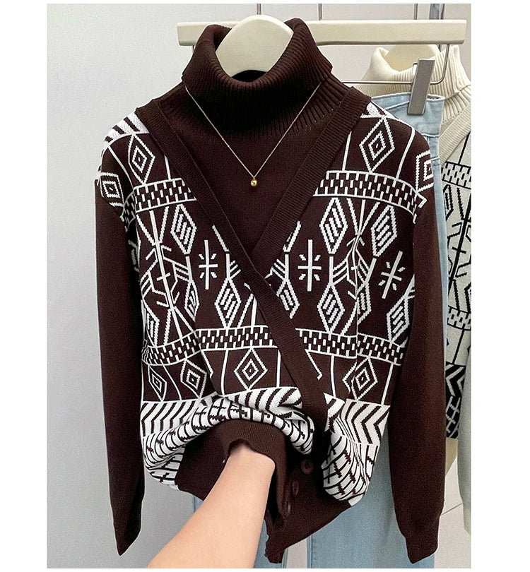 Plus Size Autumn Turtleneck Sweater Tops Women Geometric Print Fashion Irregular Patchwork Ladies Sweaters Loose Woman Sweater