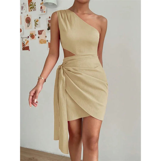 Fashion Hollow Out High Waist Lace-up Dresses Women Solid Color Slant Neck Sleeveless Backless Dress Female Office Commuter Gown