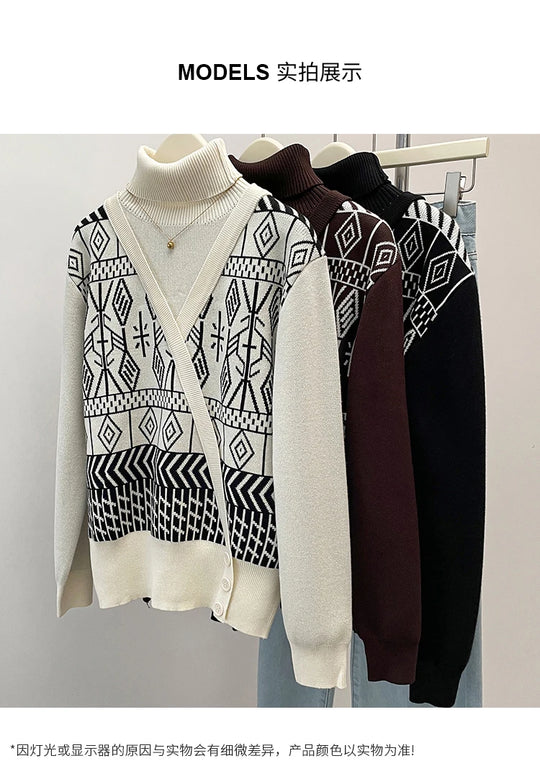 Plus Size Autumn Turtleneck Sweater Tops Women Geometric Print Fashion Irregular Patchwork Ladies Sweaters Loose Woman Sweater