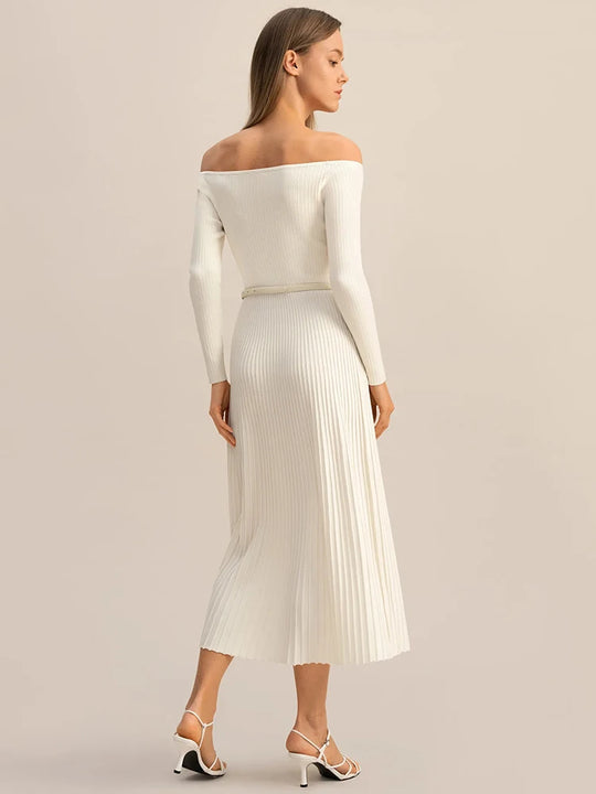 Mozision Off-shoulder Long Sleeve Knit Maxi Dress For Women Waistband  High Waist Strapless Backless Slim Fit Knitted Long Dress