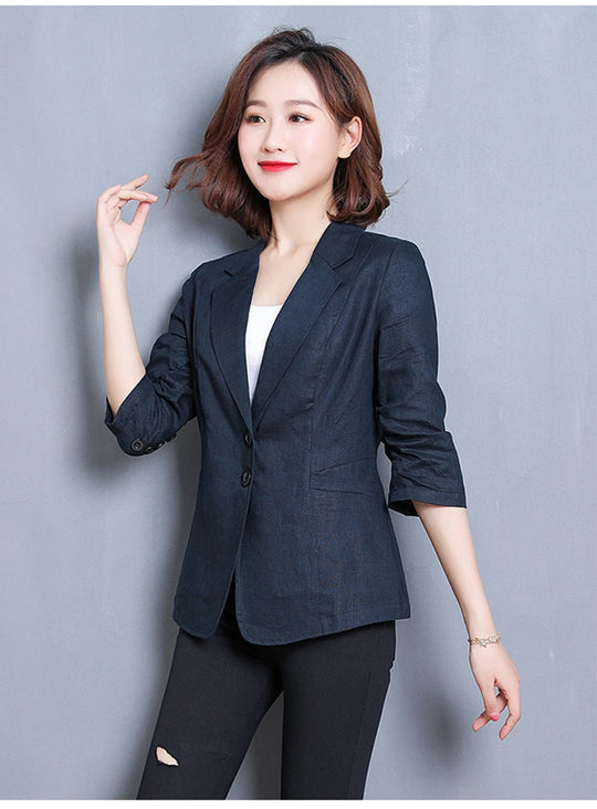 CJFHJE Notched Collar White Blazer Women Black Linen Suit Jacket Slim Thin Summer Pockets Two Buttons Green Office Lady Blazers