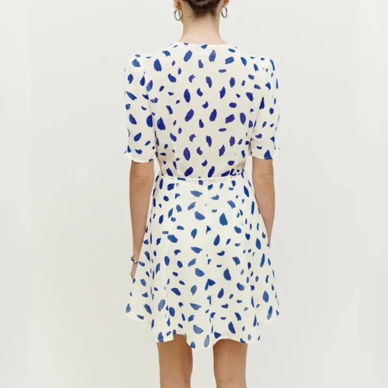 Reform@tion Women's Dresses French Style White Background Blue Spotted V-Neck Tie One Piece Wrap Women's Tea Break Dresses