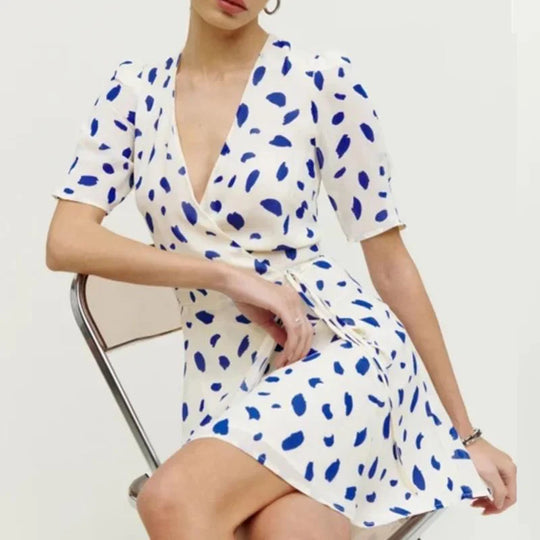 Reform@tion Women's Dresses French Style White Background Blue Spotted V-Neck Tie One Piece Wrap Women's Tea Break Dresses