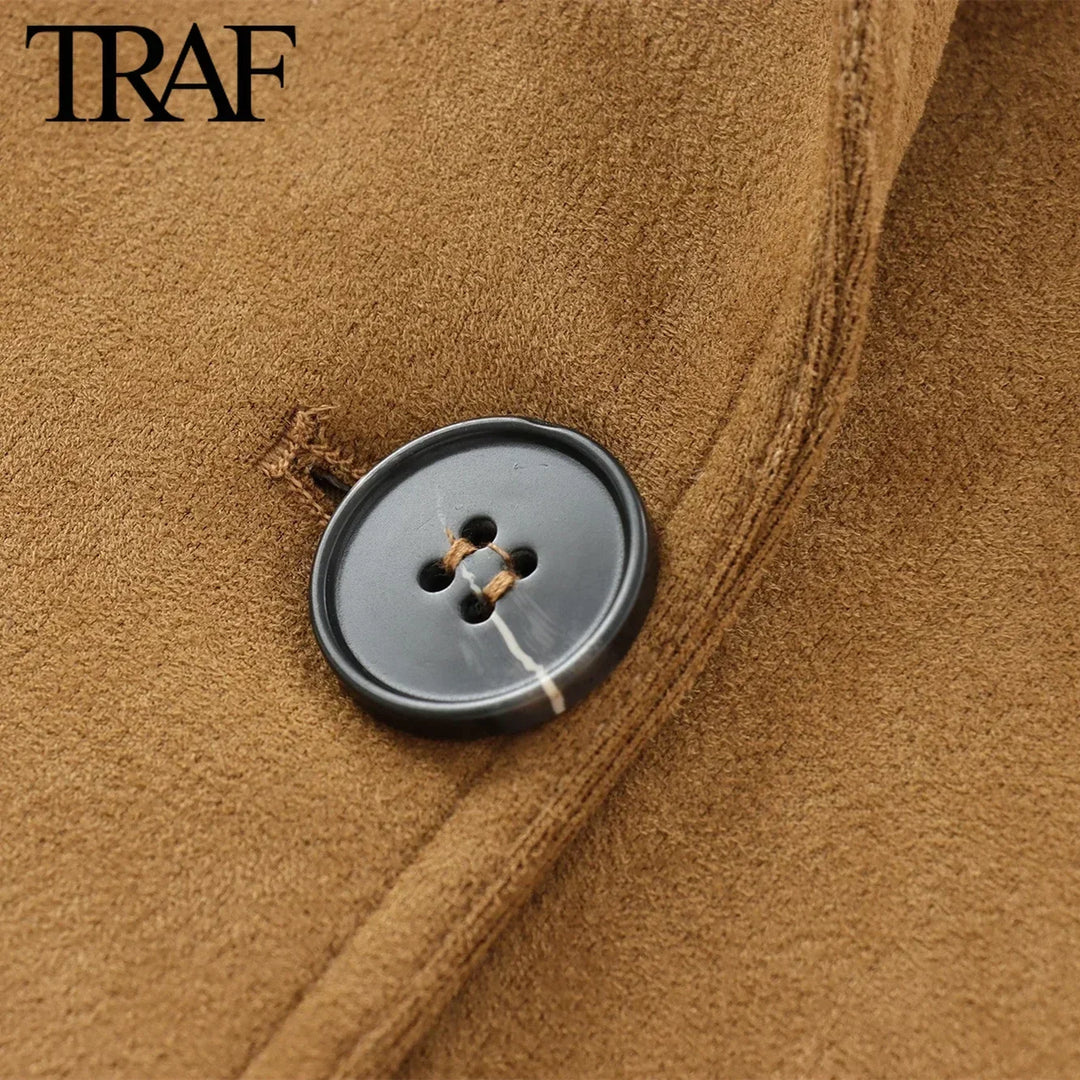 TRAF Women Fashion Autumn Winter New Suede Textured Suit Jacket Chic Female Long Sleeve Single Breasted Casual  Blazers Coat