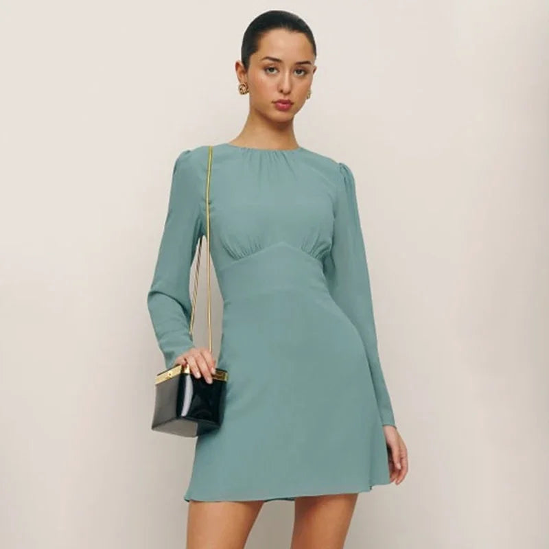 Ref0*m 24ss Women New Vintage Dresses Female Fashion Bubble Sleeve Short Dresses Y2k Streetwear Bodycon Dress for Women