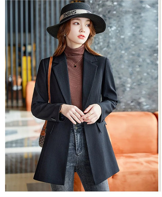 Autumn Winter Ladies Mid Long Blazer Women Single Button Black Purple Female Casual Jacket Coat Office Blazer Female Outerwear