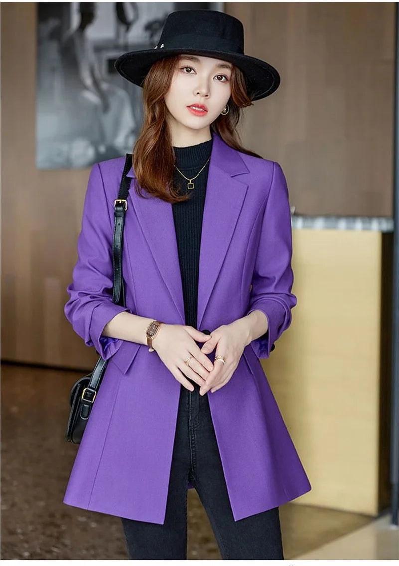 Autumn Winter Ladies Mid Long Blazer Women Single Button Black Purple Female Casual Jacket Coat Office Blazer Female Outerwear