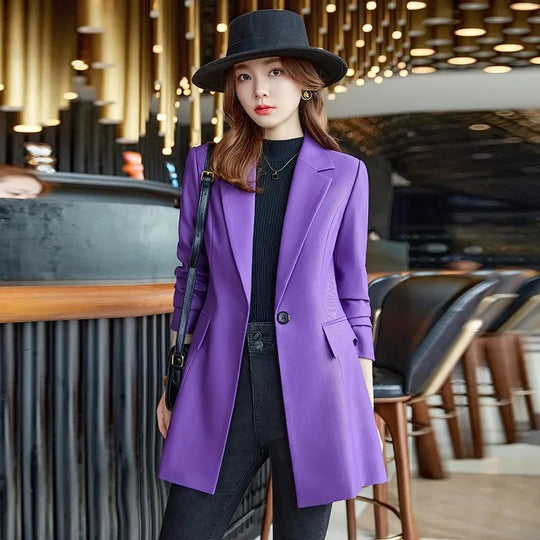 Autumn Winter Ladies Mid Long Blazer Women Single Button Black Purple Female Casual Jacket Coat Office Blazer Female Outerwear