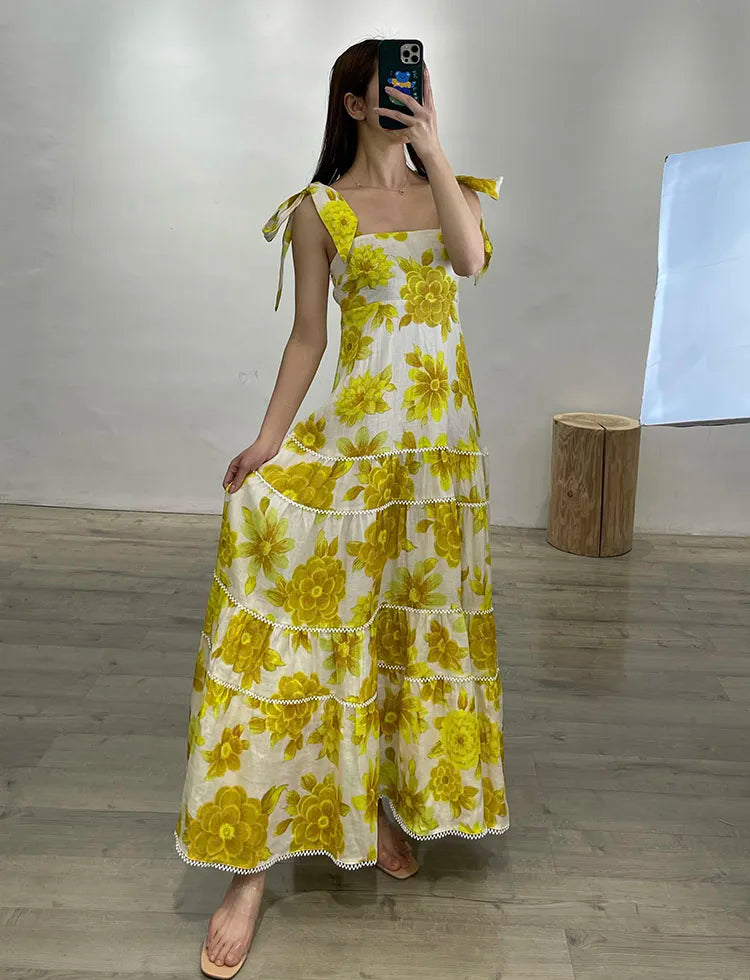 Alem@ais* Summer Daisy Printed Linen Halter Square Neck High Waist Dress Seaside Vacation Long Skirt Sexy Skirts