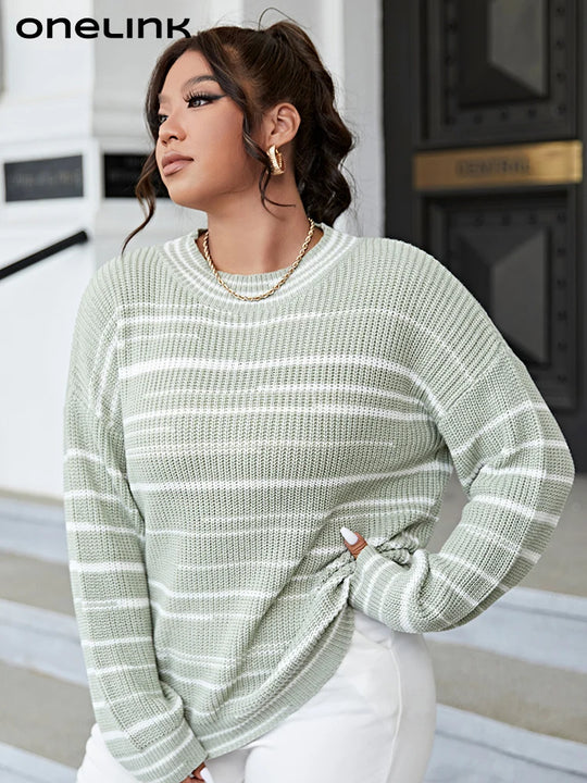 ONELINK Women's Sweater Autumn Plus Size Browish Clothing Knitting Yarn Striped Pattern Pullover O Neck Long Sleeve Female Tops