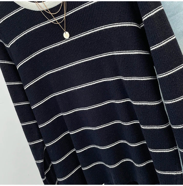 Plus Size Women 2024 Autumn Collection New Contrasting Striped Knit Sweater Fat Girl Fashion Design Sense Sweater Base Shirt Top