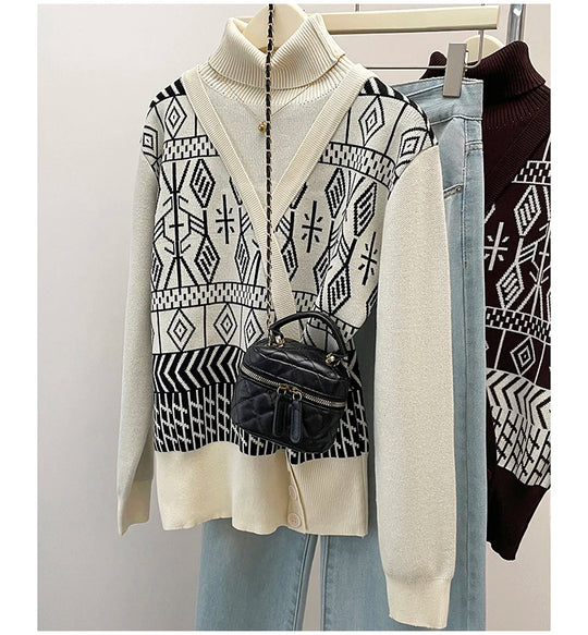 Plus Size Autumn Turtleneck Sweater Tops Women Geometric Print Fashion Irregular Patchwork Ladies Sweaters Loose Woman Sweater