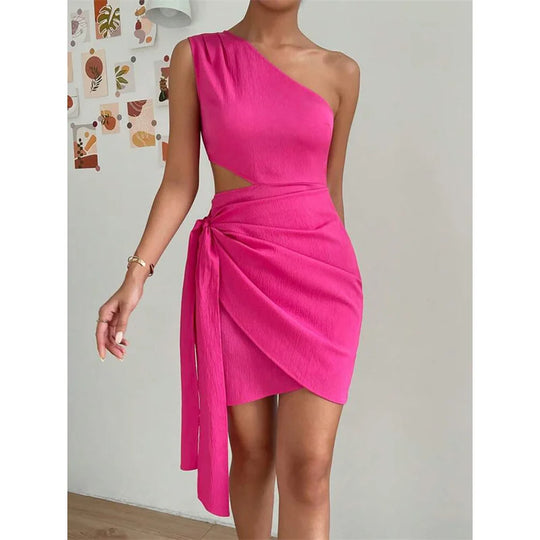 Fashion Hollow Out High Waist Lace-up Dresses Women Solid Color Slant Neck Sleeveless Backless Dress Female Office Commuter Gown