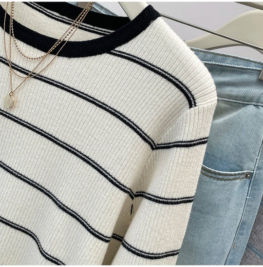 Plus Size Women 2024 Autumn Collection New Contrasting Striped Knit Sweater Fat Girl Fashion Design Sense Sweater Base Shirt Top