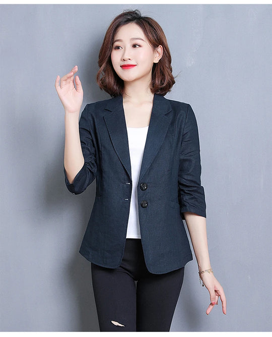 CJFHJE Notched Collar White Blazer Women Black Linen Suit Jacket Slim Thin Summer Pockets Two Buttons Green Office Lady Blazers