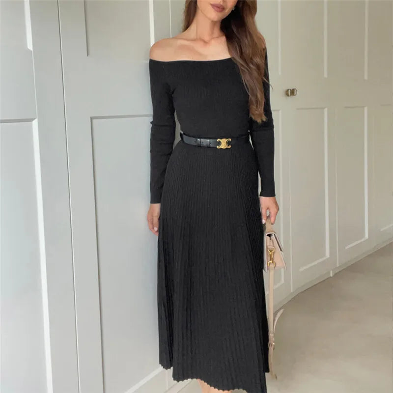 Mozision Off-shoulder Long Sleeve Knit Maxi Dress For Women Waistband  High Waist Strapless Backless Slim Fit Knitted Long Dress