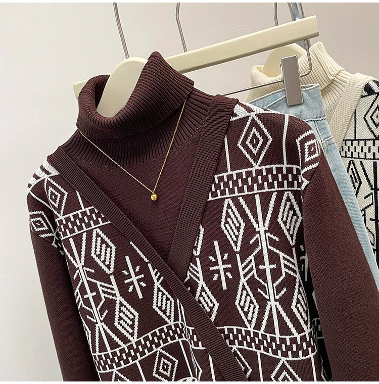 Plus Size Autumn Turtleneck Sweater Tops Women Geometric Print Fashion Irregular Patchwork Ladies Sweaters Loose Woman Sweater