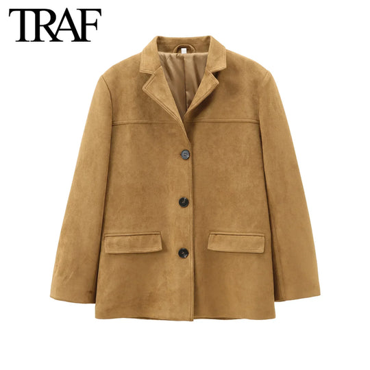 TRAF Women Fashion Autumn Winter New Suede Textured Suit Jacket Chic Female Long Sleeve Single Breasted Casual  Blazers Coat