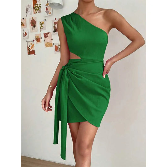 Fashion Hollow Out High Waist Lace-up Dresses Women Solid Color Slant Neck Sleeveless Backless Dress Female Office Commuter Gown