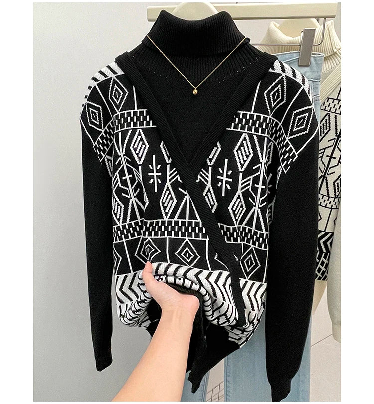 Plus Size Autumn Turtleneck Sweater Tops Women Geometric Print Fashion Irregular Patchwork Ladies Sweaters Loose Woman Sweater