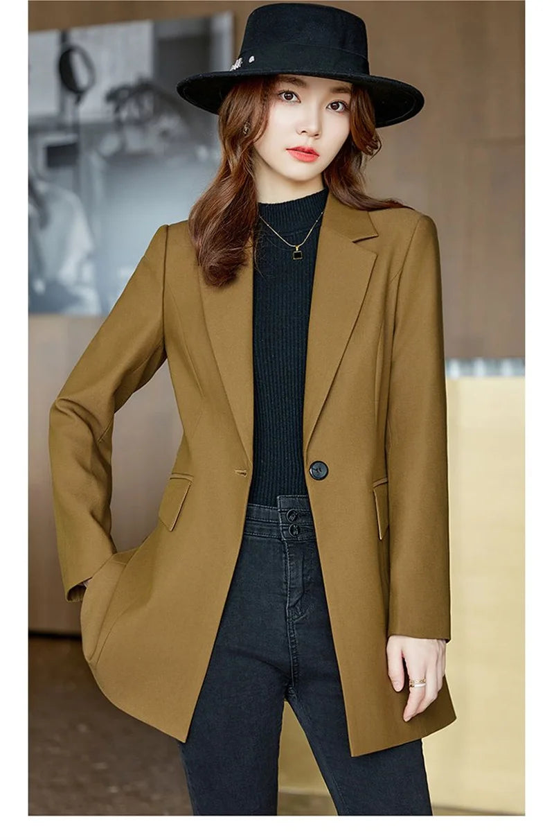 Autumn Winter Ladies Mid Long Blazer Women Single Button Black Purple Female Casual Jacket Coat Office Blazer Female Outerwear