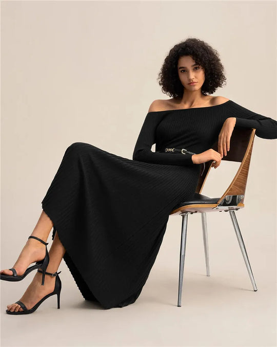 Mozision Off-shoulder Long Sleeve Knit Maxi Dress For Women Waistband  High Waist Strapless Backless Slim Fit Knitted Long Dress