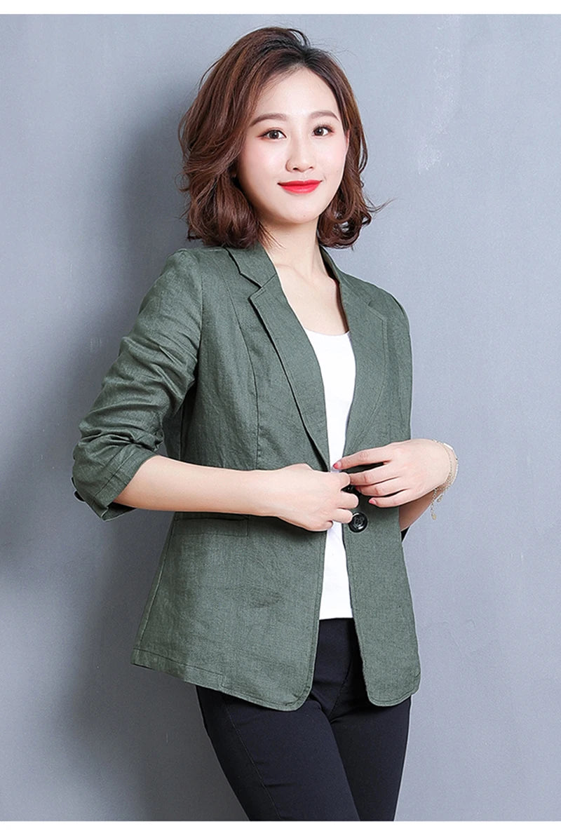 CJFHJE Notched Collar White Blazer Women Black Linen Suit Jacket Slim Thin Summer Pockets Two Buttons Green Office Lady Blazers