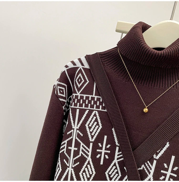 Plus Size Autumn Turtleneck Sweater Tops Women Geometric Print Fashion Irregular Patchwork Ladies Sweaters Loose Woman Sweater