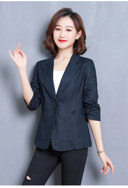 CJFHJE Notched Collar White Blazer Women Black Linen Suit Jacket Slim Thin Summer Pockets Two Buttons Green Office Lady Blazers