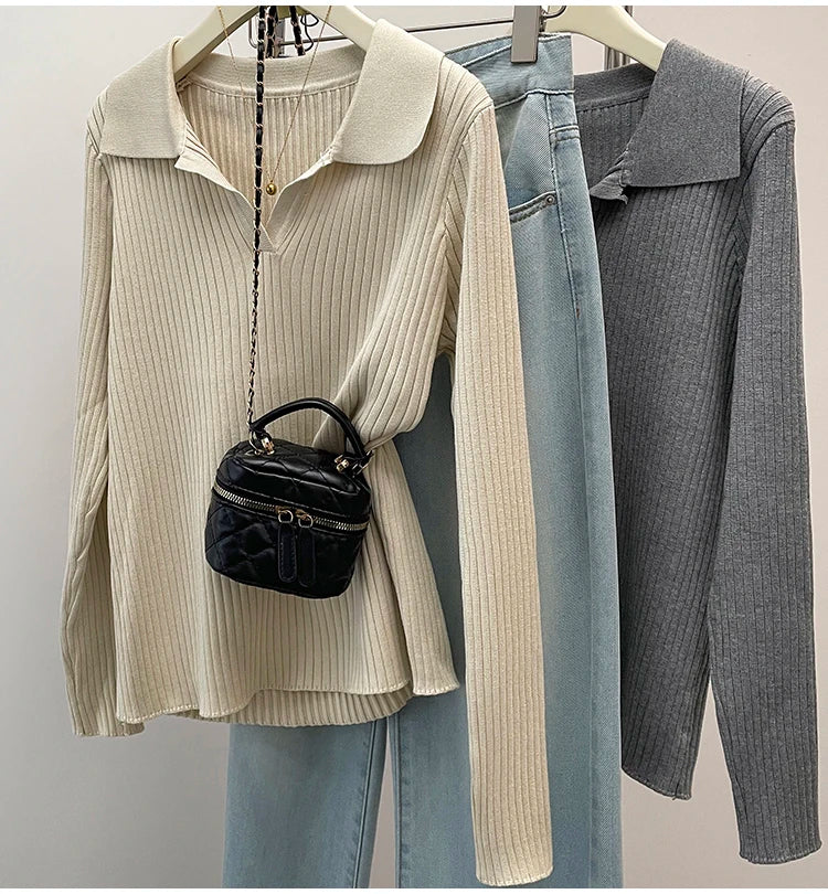 Plus Size Autumn V-Neck Pullover Sweater Tops Women Fashion Loose Pleated Korean Ladies Sweaters Casual Woman Sweater Tops