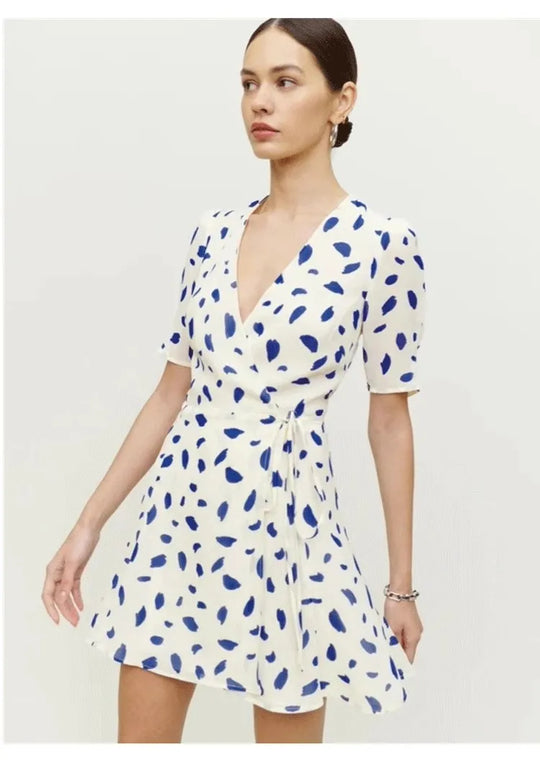 Reform@tion Women's Dresses French Style White Background Blue Spotted V-Neck Tie One Piece Wrap Women's Tea Break Dresses