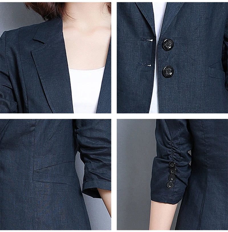 CJFHJE Notched Collar White Blazer Women Black Linen Suit Jacket Slim Thin Summer Pockets Two Buttons Green Office Lady Blazers