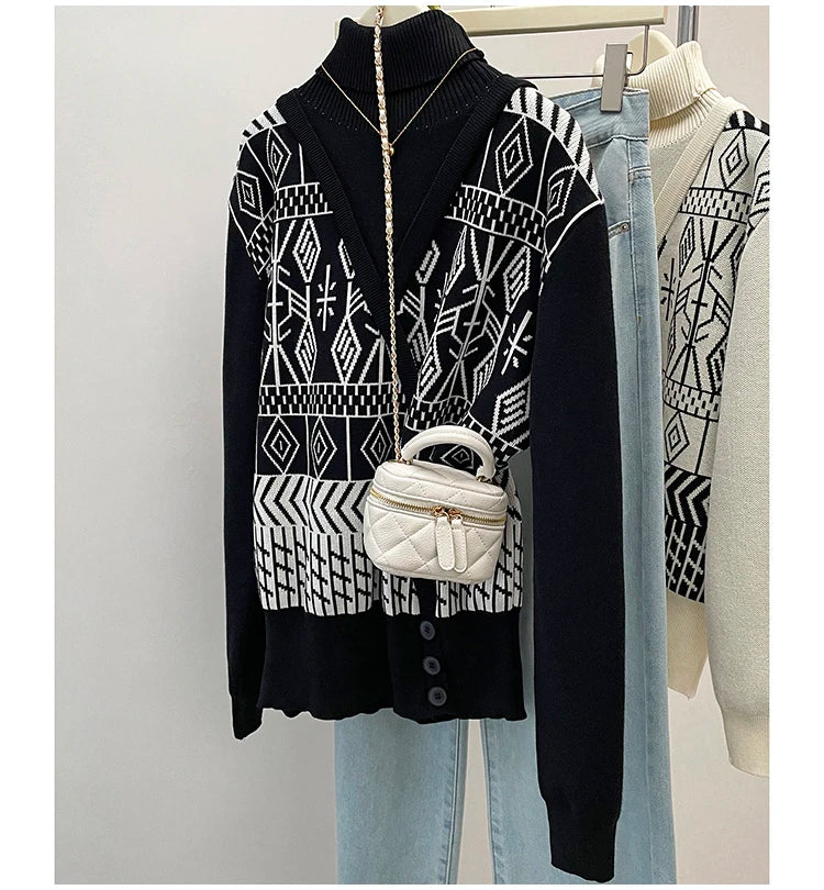 Plus Size Autumn Turtleneck Sweater Tops Women Geometric Print Fashion Irregular Patchwork Ladies Sweaters Loose Woman Sweater